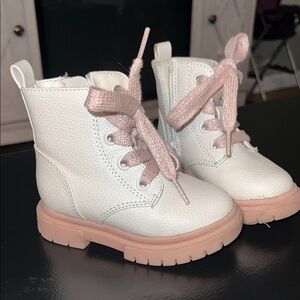 White Leather Boots with Pink Laces